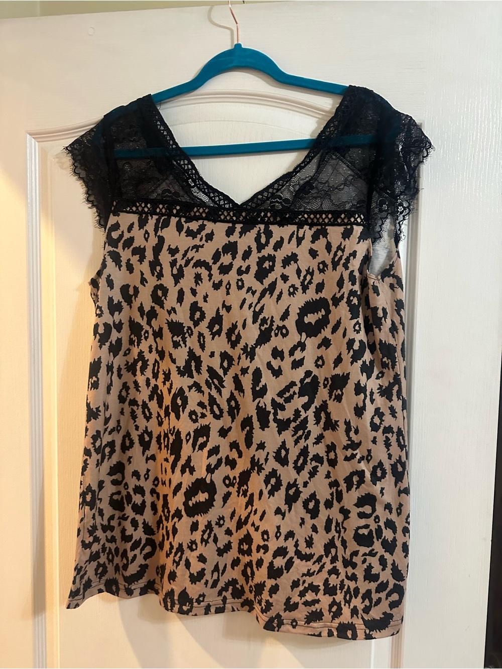 Leopard Print Lace-Trim Tank Top - Black and Tan